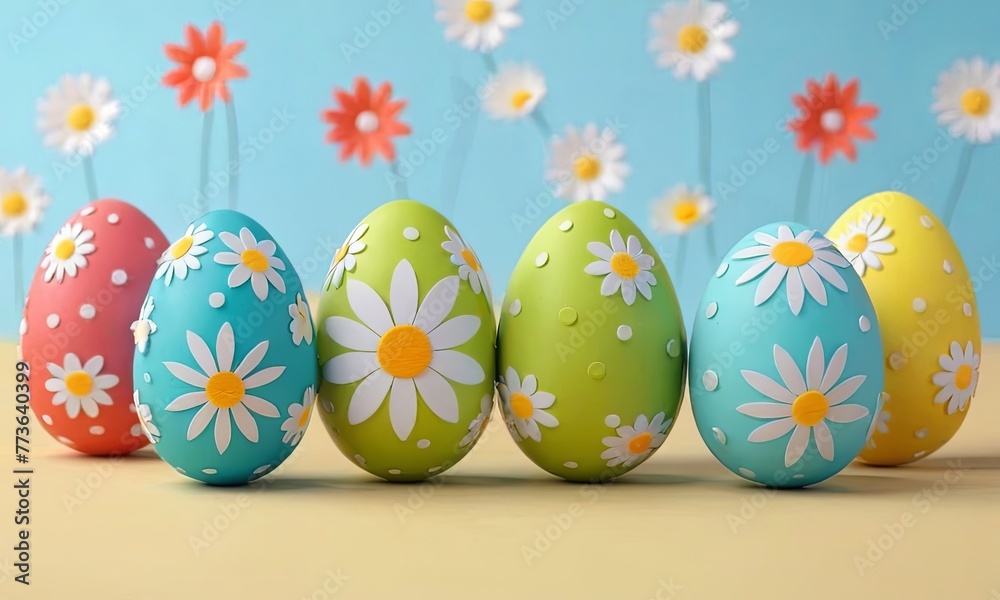 3D Easter card with colored eggs on a background surrounded by flowers.