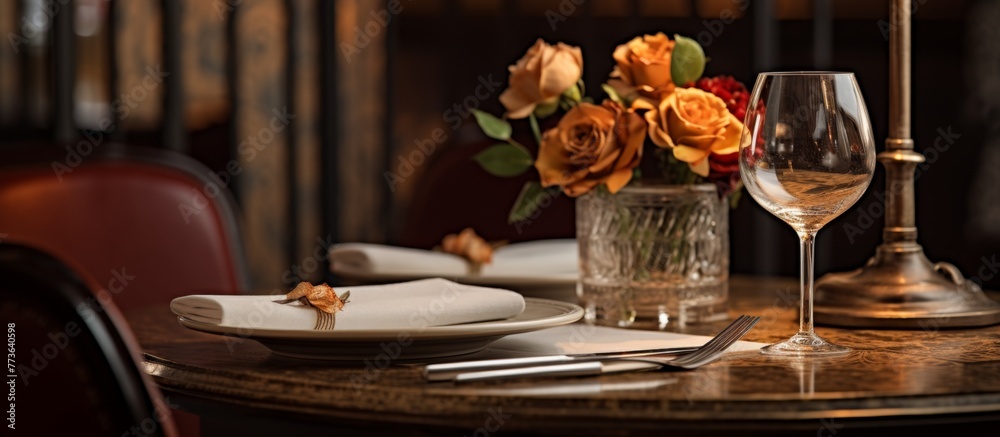 A wooden table is set with a glass of wine and a plate holding a beautiful arrangement of flowers