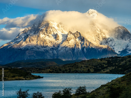 Morning light at Lake Pehoe in Torres del Paine National Park in Chile Patagonia