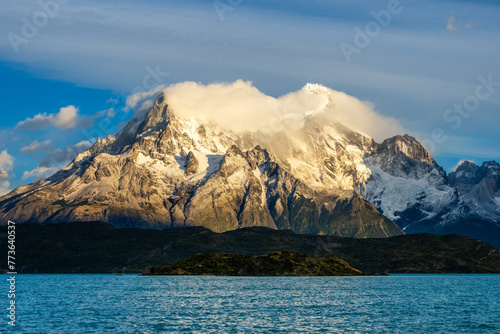 Morning light at Lake Pehoe in Torres del Paine National Park in Chile Patagonia