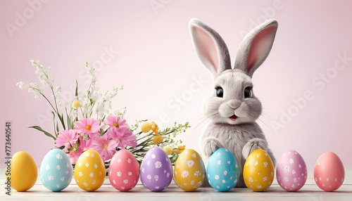 Cute easter bunny with eggs and flowers with copy space