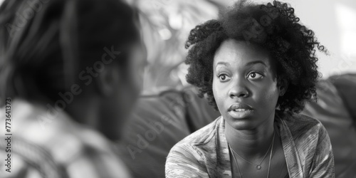 Black woman engaged in a serious conversation, reflection in mirror adding intensity. 