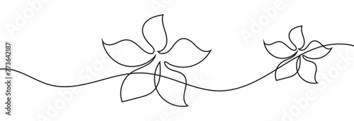 One continuous line drawing of Plumeria flower. Frangipani blossom with petals for floral tattoo in simple linear style. Plant pattern for wedding in Editable stroke. vector illustration. EPS 10
