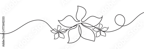 One continuous line drawing of Plumeria flower. Frangipani blossom with petals for floral tattoo in simple linear style. Plant pattern for wedding in Editable stroke. vector illustration. EPS 10