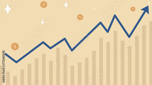 Business target and financial growth concept with chart, up arrow and dollar coins. Stock market, investment and trading concept background.
