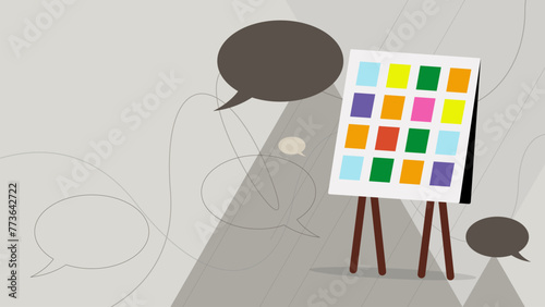 Whiteboard or process planning board with sticky notes and bubble chat. Business discussion, meeting and training class concept background.