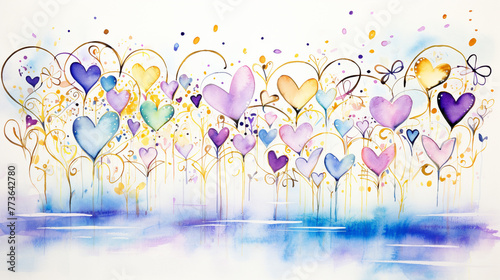 Watercolor painting of many hearts in various colors. Concept of love, romantic and valentine day background.