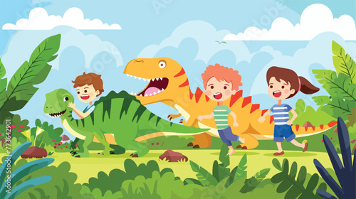 Children at dinosaur park illustration flat cartoon