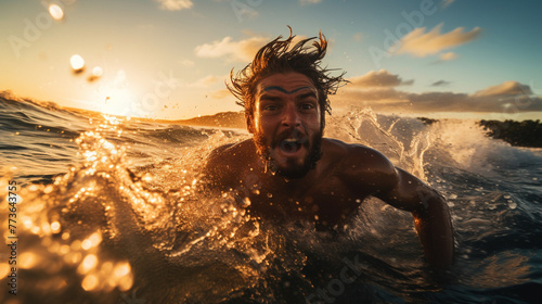 An adventurous swimmer conquering turbulent waves in the open ocean during the golden hour,  photo