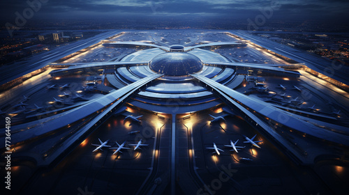 An expansive aerial view captures a 3D commercial airport render, showcasing parked planes, bustling passenger terminals, a meticulously designed runway, and the intricate dance of service machinery.  photo