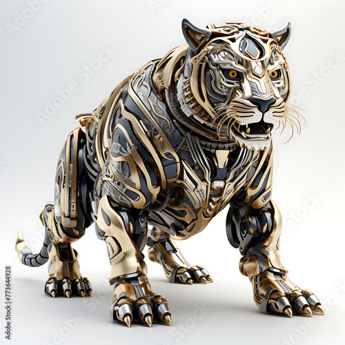futuristic luxury cyborg machine tiger, Artificial intelligence concept. black and gold, against isolated background. © mostafa