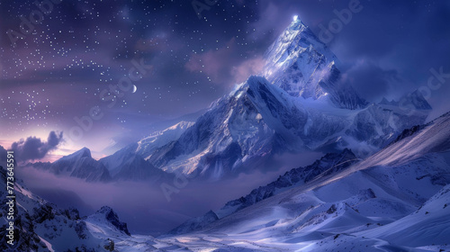 A majestic mountain peak towers above the snowcovered valley its slopes washed in the shimmering glow of a moonlit winters night. . .
