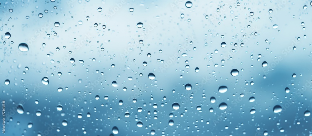 Water droplets from the rain are visible on a window glass, with a clear blue sky in the background creating a serene and refreshing scene
