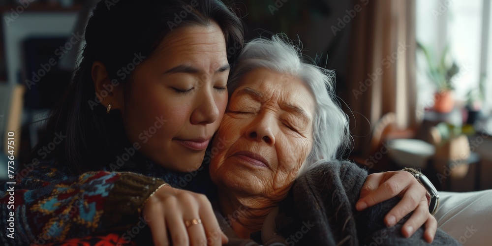 Intergenerational love captured as a child and senior woman share a quiet embrace.