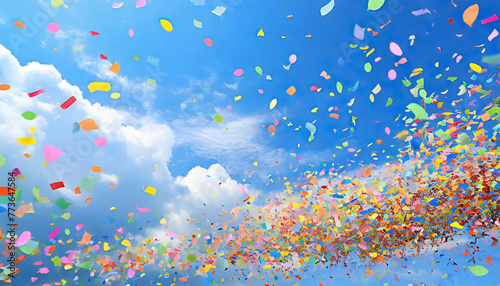 カラフルな紙吹雪。青空に舞う紙吹雪のイメージ素材。colorful confetti. Image material of confetti dancing in the blue sky.