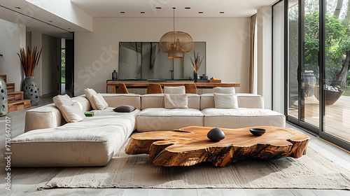 Elegant Villa Living: Beige Sofa and Rustic Coffee Table in Modern Minimalist Room
