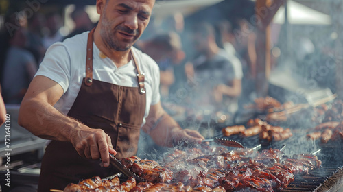 Catering Service Provider Preparing BBQ Grill at Outdoor Event Happening