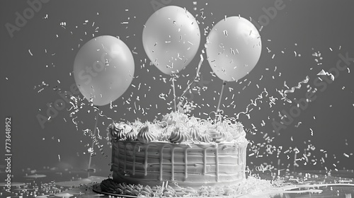 A black and white image of a birthday cake and balloons.