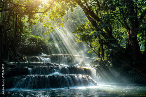 熱帯雨林を流れる滝と木漏れ日
