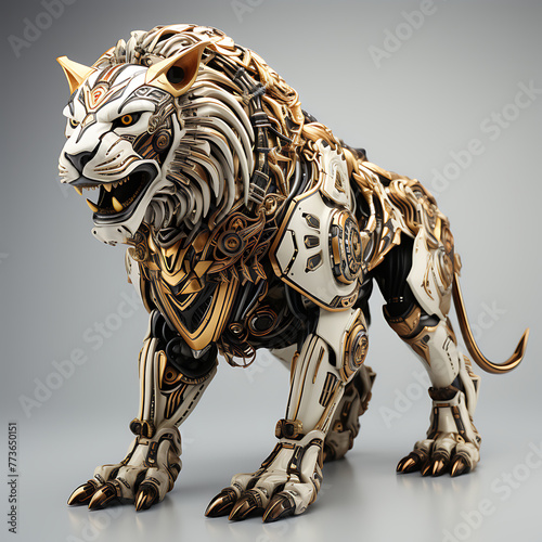 futuristic luxury cyborg machine lion, Artificial intelligence concept. white and gold, against isolated background. © mostafa