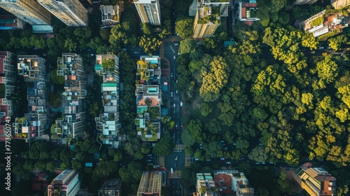A birds eye view of a city bursting with vibrant greenery highlighting the efforts of urban planning in creating a sustainable and livable environment for its residents.