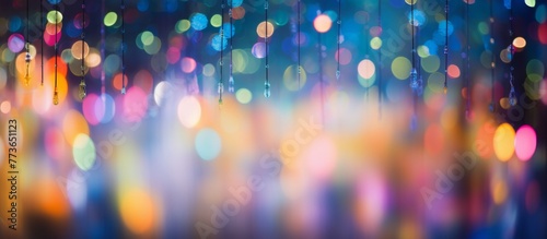 Vibrant colored lights dangle gracefully from an overhead string in a dimly lit room casting a playful glow