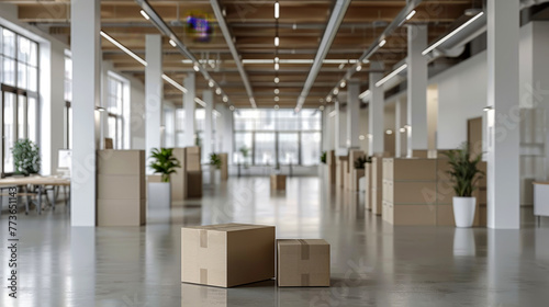 Cardboard boxes in empty office interior, moving concept. . Move to new office. Ai generative photo