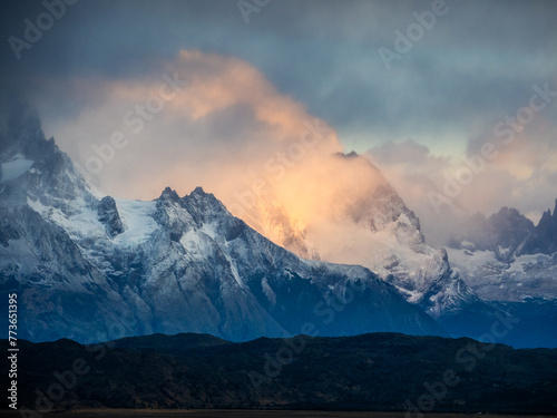 Sunrise in Torres del Paine seen from a valley of Serrano River