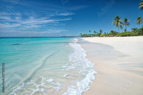 A white sandy beach , with clear blue waters and palm trees in the distance