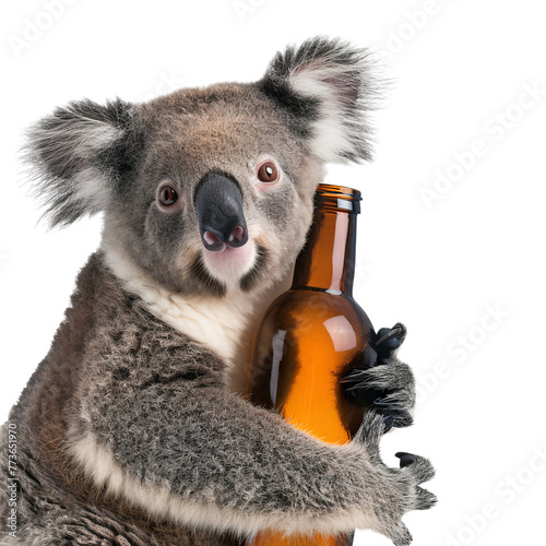 Australian koala bear holding a bottle of drink, isolated on transparent background © The Stock Guy