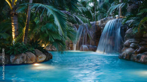 A palmfringed pool fed by a majestic waterfall creates a serene and idyllic spot to take in the tropical twilight. . .