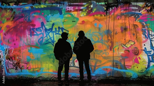 A pair of silhouetted figures stand against a colorful graffiticovered background their spray cans at the ready as they plan out their . .