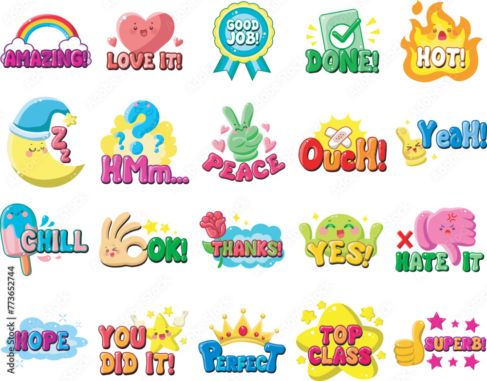 Fototapeta premium Cute text sticker message illsutration. Colorful positive quotes text. Cute sticker with faces and text.