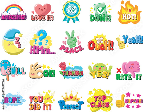 Cute text sticker message illsutration. Colorful positive quotes text. Cute sticker with faces and text.