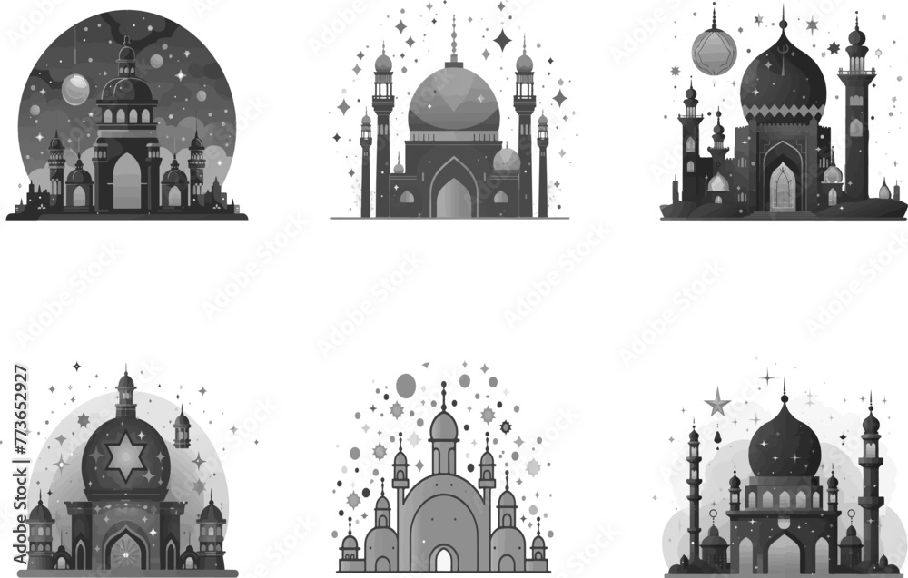 Starry Night Serenity, Artistic Representations of Mosques Under a Starry Night Sky Evoking a Serene and Spiritual Atmosphere