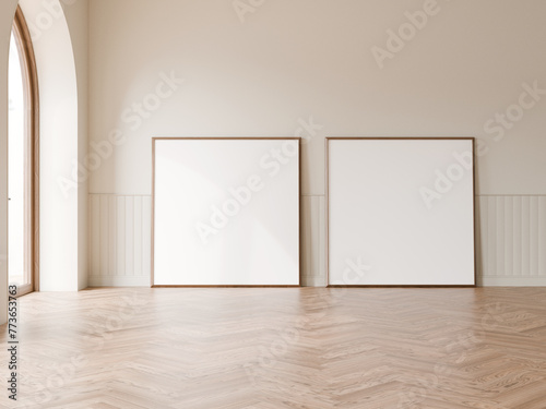 Two square frame mockup hanging on white wall minimal decoration room, Wood floor, Arch door, 3d illustration.