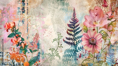 A bohemianinspired background featuring a variety of colorful floral and botanical prints for a freespirited vibe. photo