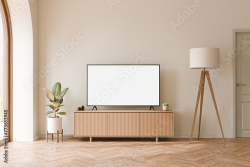 Fototapeta Naklejka Na Ścianę i Meble -  Tv wall mockup with minimal interior decoration, Rubber tree plant, Wood Tv cabinet, Wooden floor lamp Tv mockup 3d illustration.