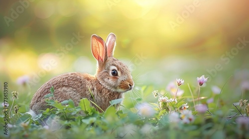 A rabbit stretches out on a sunny field, with its hind leg tossed carelessly over its head, ears relaxed and drooping ,clean sharp focus