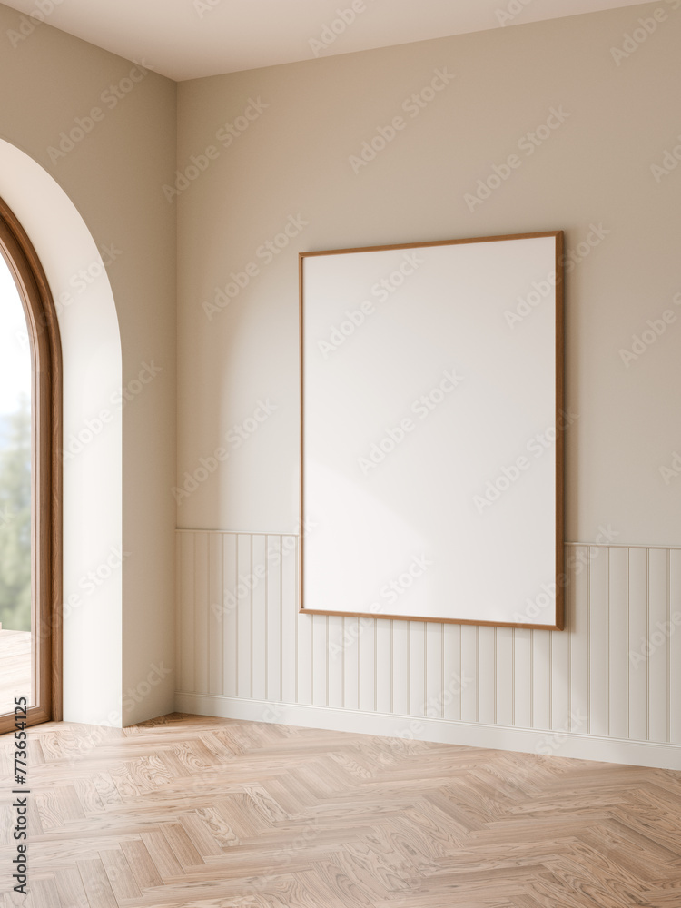 Vertical wood frame mockup hanging on white wall with arch, Minimal frame mockup, 3d illustration. - obrazy, fototapety, plakaty 