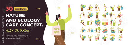 Nature and Ecology Care Concept Illustration. Mega Bundle. Collection scenes about someone who cares for the environment, recycling, saving earth, cleaning the environment. Vector Illustration