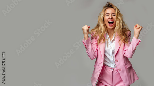 Blonde Business Woman Celebrating Big Win, smile and raised hands