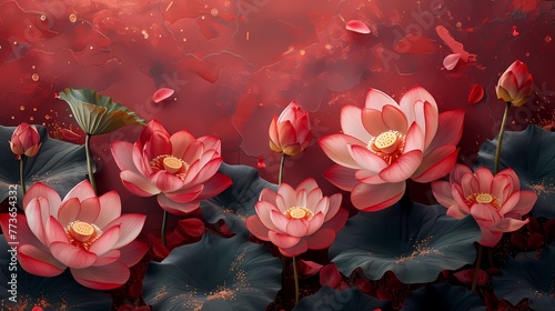 Traditional red and green lotus flower illustration poster background