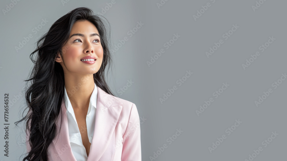 Malay business woman in pink suit smile looking up isolated on gray Malay business woman in pink suit smile looking up isolated on gray