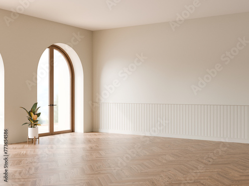 White interior room with arch wooden door  Rubber tree plant  White wall  Wood herringbone floor  3d illustration.