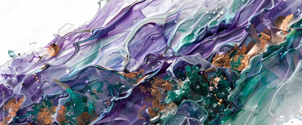 A tapestry of amethyst, emerald, and copper unfolds, creating an abstract masterpiece on a liquid canvas.