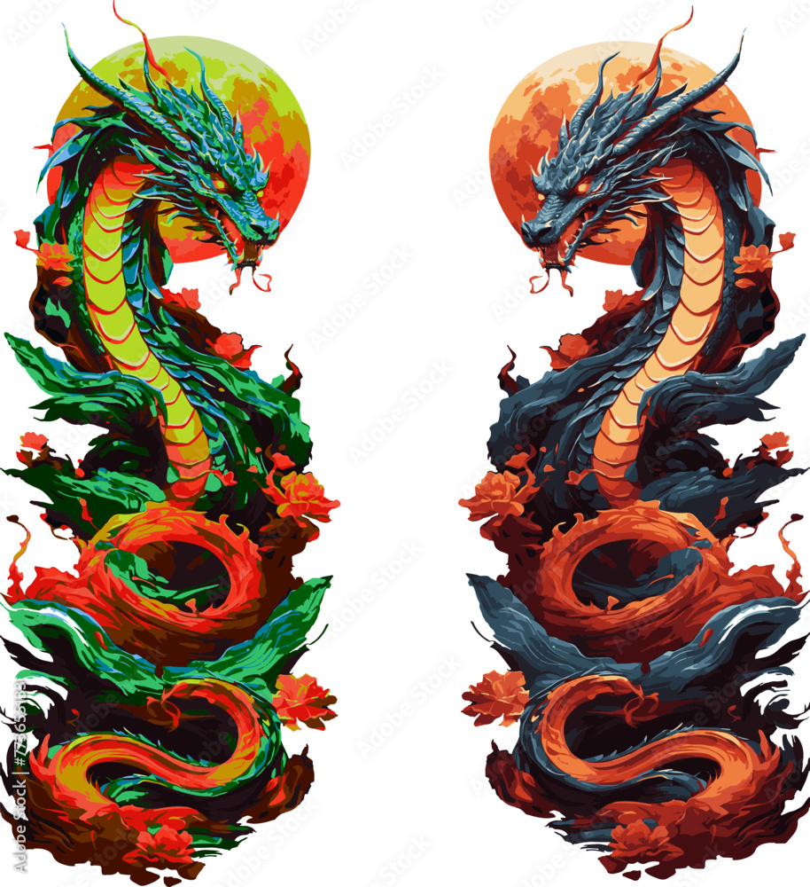 Majestic Serpentine, Intricately Designed Dragons Amidst Swirling Flames and Colors Exuding a Mythical Aura