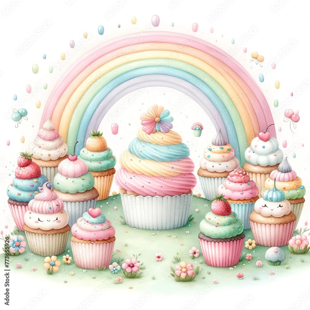 Colorful Cupcakes and Rainbow Illustration
Colorful Cupcakes and Rainbow Illustration