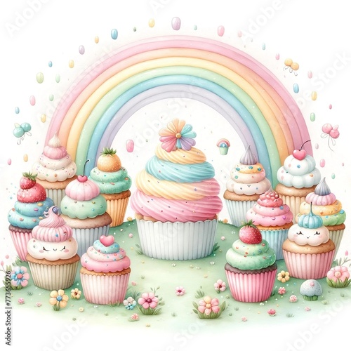 Wallpaper Mural Colorful Cupcakes and Rainbow Illustration
 Torontodigital.ca