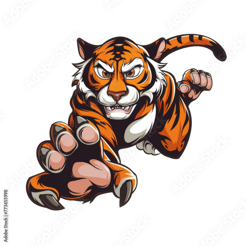 Tiger mascot  vector cartoon style on white background with sharp claws and teeth jumping towards viewer in mid-sprint